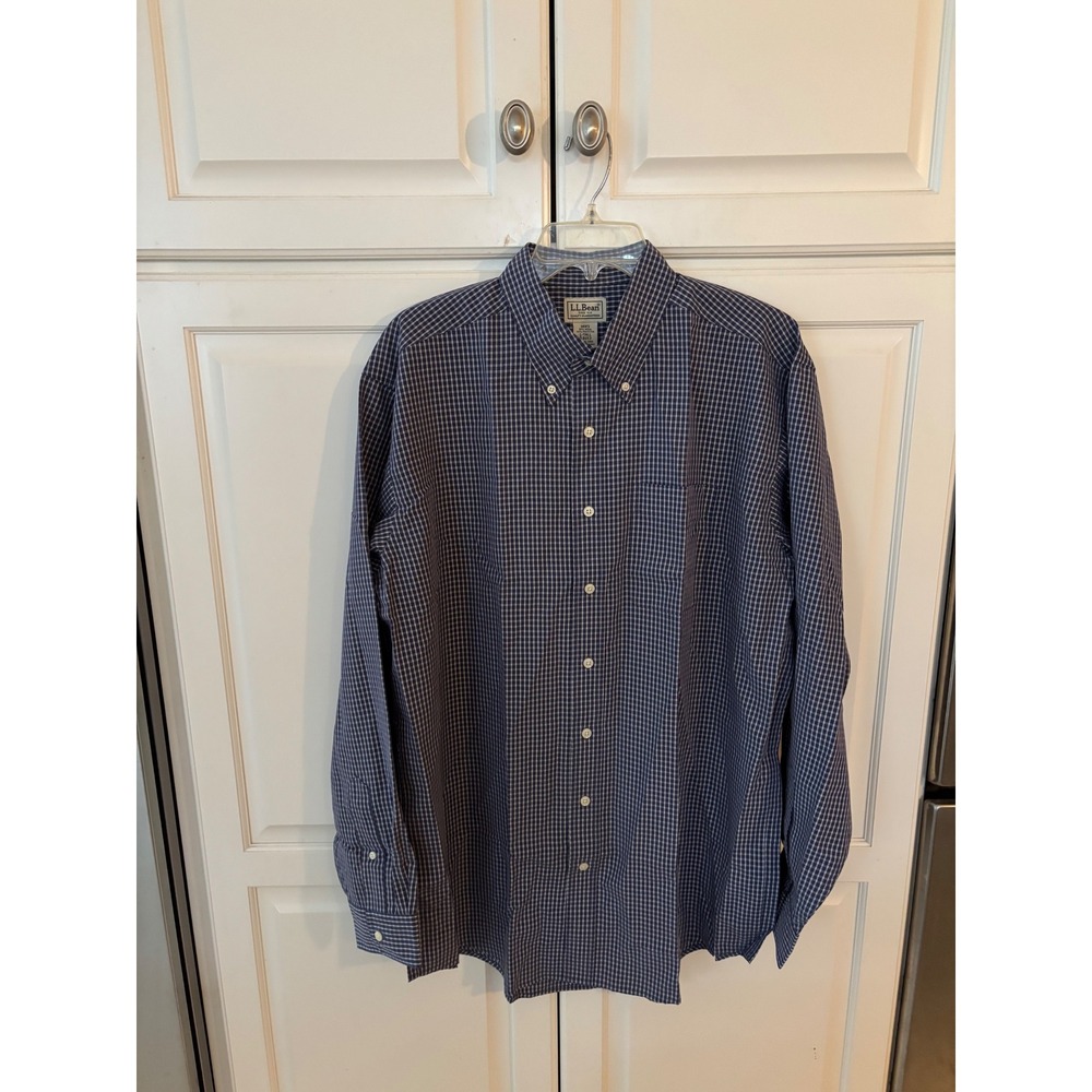 LL Bean Mens Large Tall Navy Blue White Micro Check Button Down Shirt L-Tall XXX